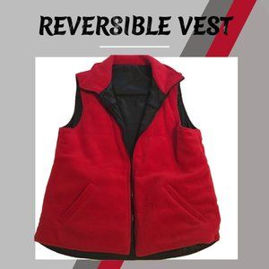 Vest of red fleece is reversible, cozy, and warm.